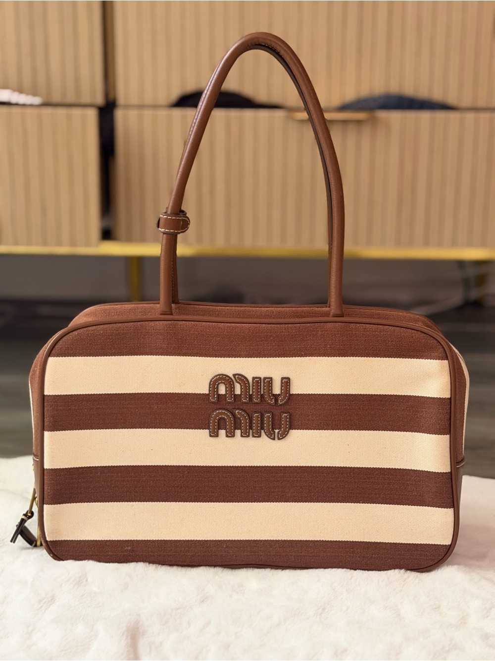 Miu Miu Brown and White Striped Large Beau Top Handle Bag